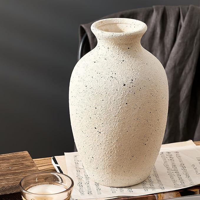 Large Ceramic Rustic Flower Vase, 10.43 Inch Tall Vintage Pottery Home Decor, Antique Farmhouse Terracotta Vase for Living Room, Table, Shelf, Mantel Decoration, Farmhouse - Cream-White