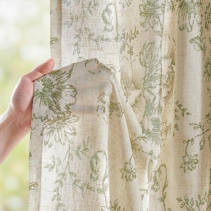 jinachan Linen Blend Floral Curtains for Living Room 54 Inch Length Christmas Sage Green Printed Curtain Rod Pocket Back Tab Farmhouse Peony Flower Patterned Drapes Bedroom Curtains Set 2 Panels