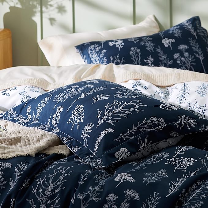 Bedsure Duvet Cover Queen Size - Reversible Navy Blue Queen Duvet Cover Set with Zipper Closure, 3 Pieces Floral Patterned Bedding Set with 8 Corner Ties and 2 Pillow Shams