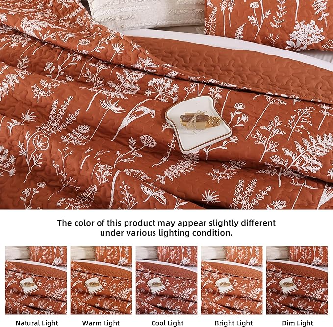 JANZAA Twin Quilt Terracotta Quilt Bed Spread Boho Quilt with Floral Pattern Microfiber Quilts Set 2 Pieces Lightweight Comforter Reversible Bedding Set,1Quilt 66x90 inches,1 Pillowcase