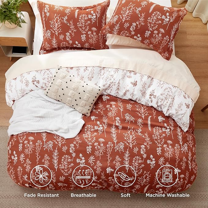 Bedsure Twin/Twin XL Duvet Cover - Reversible Terracotta Duvet Cover Set with Zipper Closure, 2 Pieces Cute Floral Botanical Pattern Bedding Set with 8 Corner Ties and 1 Pillow Sham