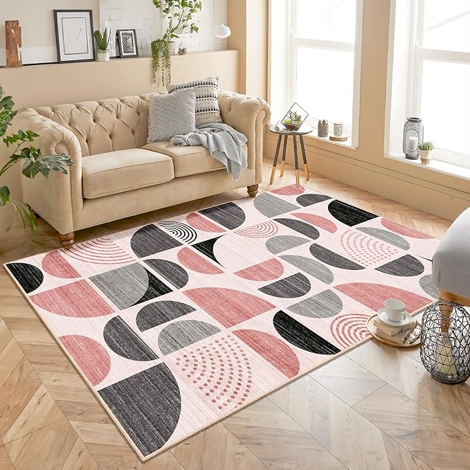 MUJOO Pink Rug Boho Washable,4x6.5 Area Rugs for Bedroom Entryway Living Room Bedside,Small Throw Floor Carpet Non Slip Soft Indoor Modern Abstract Pink and Grey