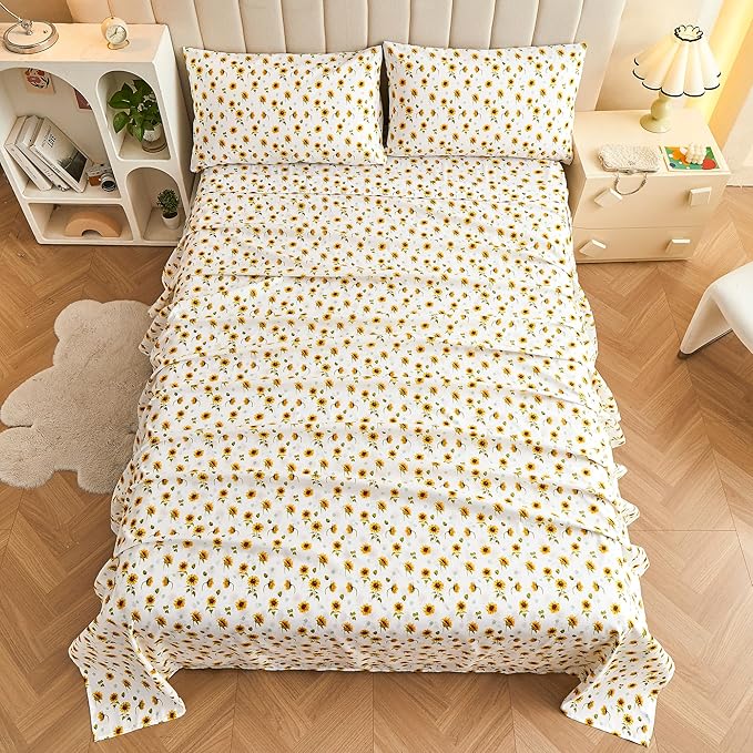 Softan Floral Twin Size Sheet Set, Sunflower Printed Bed Sheets for Kids Girls, 3-Piece Microfiber Fitted Sheet with 15" Deep Pocket & Non-Slip Straps, Patterned Bedding Sheets & Pillowcase Set