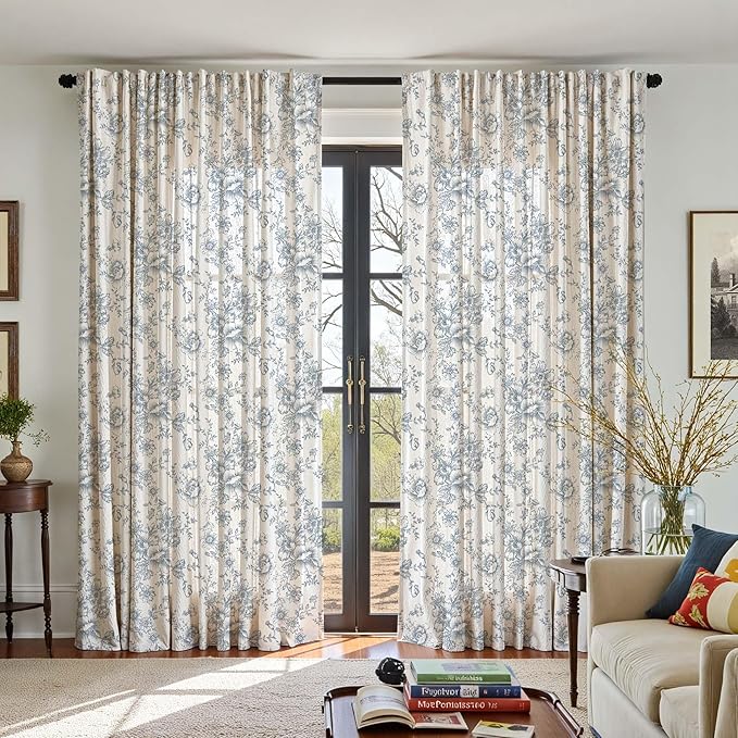 jinchan Linen Floral Curtains 100 Inch Extra Wide for Patio Sliding Glass Door Room Divider Curtain for Living Room 96 Inch Length Farmhouse Peony Blue Printed Curtain Set 1 Panel