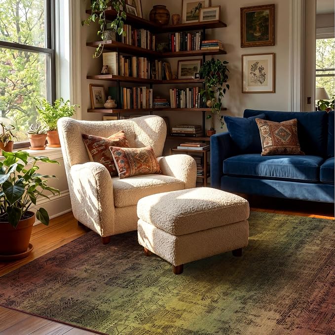 Kokia Abstract Terracotta Area Rugs Boho Washable Distressed Retro Indoor 6x9 Rug Low Pile Non-Slip Non-Shedding Carpet Bedroom Living Room Dining Room, Brown and Tan