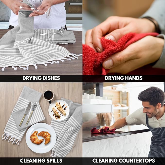 Turkish Kitchen Towels 18x26 Inches with Tassels - 4 Pack - Ultra Absorbent, Durable, Soft 100% Cotton Dish Towels for Drying & Cleaning - Machine Washable, Quick-Dry - Melange Grey