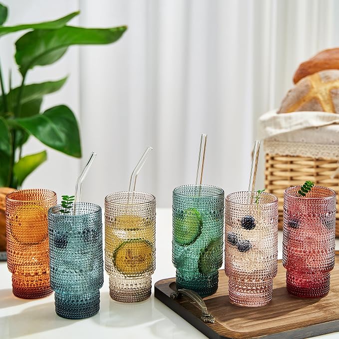 Khen Colored Vintage Art Deco Glasses - Martini, Margarita, Cocktail & Champagne Ribbed Glasses | Set of 6 | Cute Pastel Crystal Cocktails Glassware, Stemmed Glassware Gift - Hobnail Tumblers & Straws