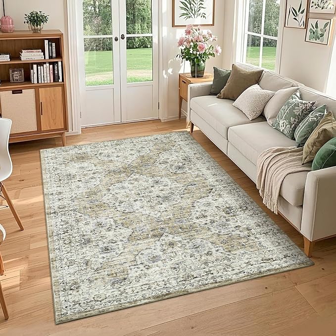 Washable 5x7 Area Rug Boho Vintage Soft Living Room Rug Non-Slip Dining Room Floor Carpet Low Pile Non Shedding Boho Accent Rug Oriental Indoor Carpet for Bedroom Home Decor Office, Brown Yellow