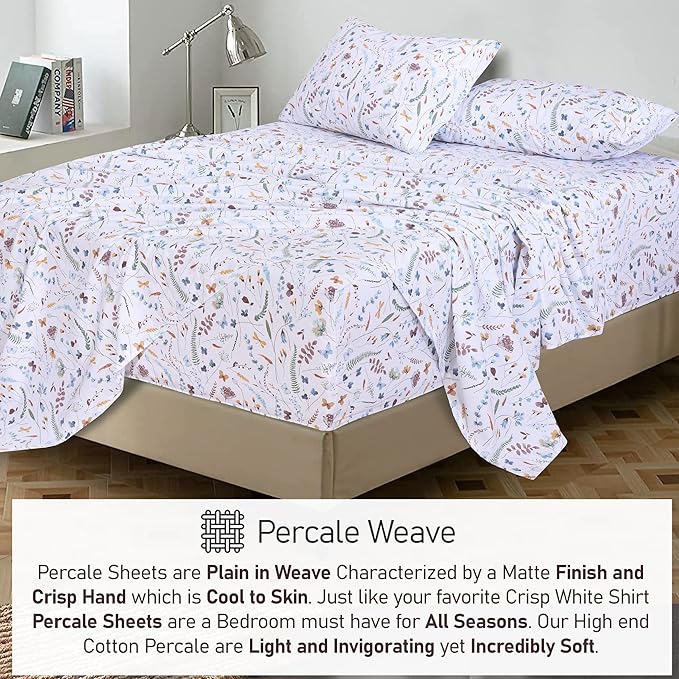 RUVANTI 100% Cotton Full Size Bed Sheets, 4 Pieces, Soft & Breathable Percale Weave Bedding, Deep Pocket 16", Hotel Standard, Crisp Cool Feel, Durable, Perfect Sheet Set Floral, Fern Class