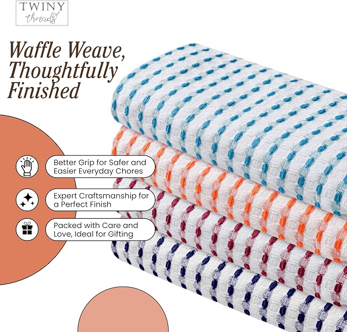 TWINY threads Multi Colors White Waffle Towels 4 Pack, 16x26 Inches Absorbent Waffle Weave Kitchen Dish Cloth Set, Durable & Machine Washable Tea Towel, Turquiose Blue, Orange, Burgundy, Indigo Blue