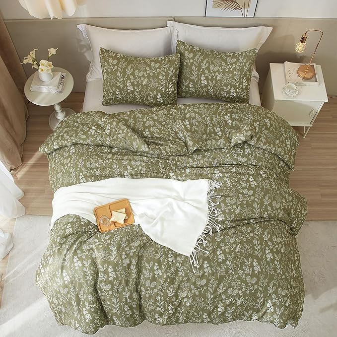 HighBuy Garden Floral Duvet Cover Twin XL Olive Green Botanical Cottagecore Bedding Comforter Cover for Twin XL Bed 3 Piece Cute Flower Bedding Set Easy Fit for Daughter Son Bedroom