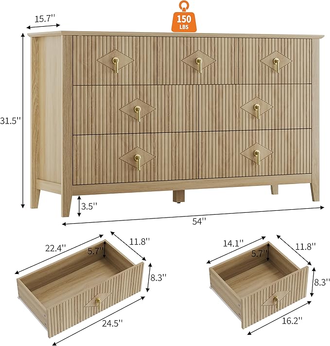 GarveeHome Fluted Dresser for Bedroom, 54 Inch Wide 7-Drawer Wood Dresser, Modern Chest of Drawers, Storage Organizer Cabinet for Living Room, Hallway, Entryway, Natural Oak