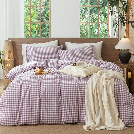 MooMee Gingham Duvet Cover Set 100% Washed Cotton Linen Like Textured Breathable Durable Soft Comfy Modern Checkered Design (Classic Gingham Light Purple, King 104"x90")