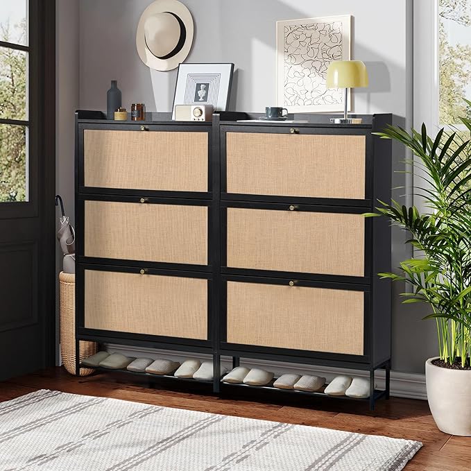 LEVNARY Shoe Cabinet for Entryway, Slim Shoe Cabinet with 3 Flip Drawers Narrow Shoe Storage Cabinet, 4 Tier Freestanding Shoe Organizer for Entryway, Hallway (2, Black)