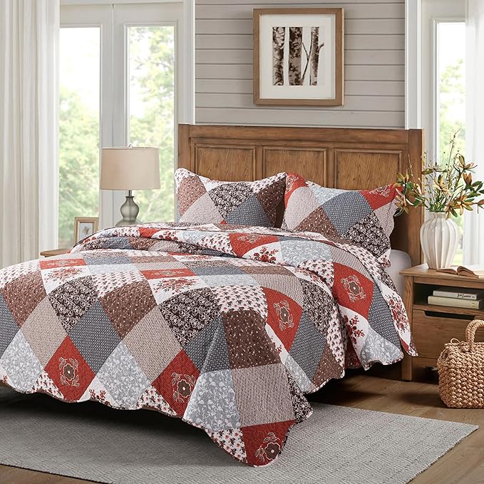 HoneiLife Quilt Set King Size - 3 Piece Microfiber Bedspread Reversible Coverlet Patchwork Bedding Set Lightweight Bedcover Floral Bedspreads All Season Quilts-Amaranth Red