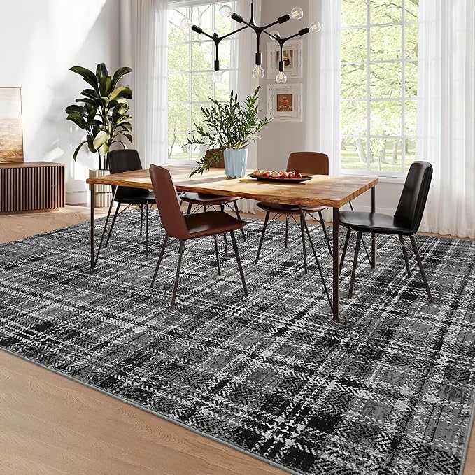 Large Area Rug - 10x13 Modern Black/Grey Plaid Rug for Bedroom, Living Room, Dining Room - Soft, Non-Slip, Low Pile, Stain Resistant Carpet