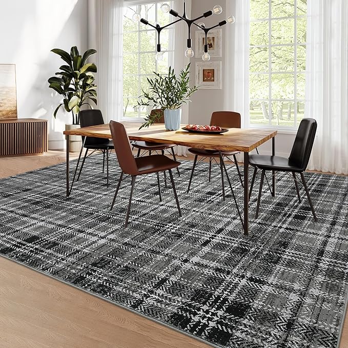 Washable 9x12 Area Rug for Living Room Modern Rugs for Bedroom Black Rug Soft Large Area Rug Non Slip Throw Rugs Low Pile Stain Resistant Carpet for Nursery Dining Room 9'x12' Black/Grey