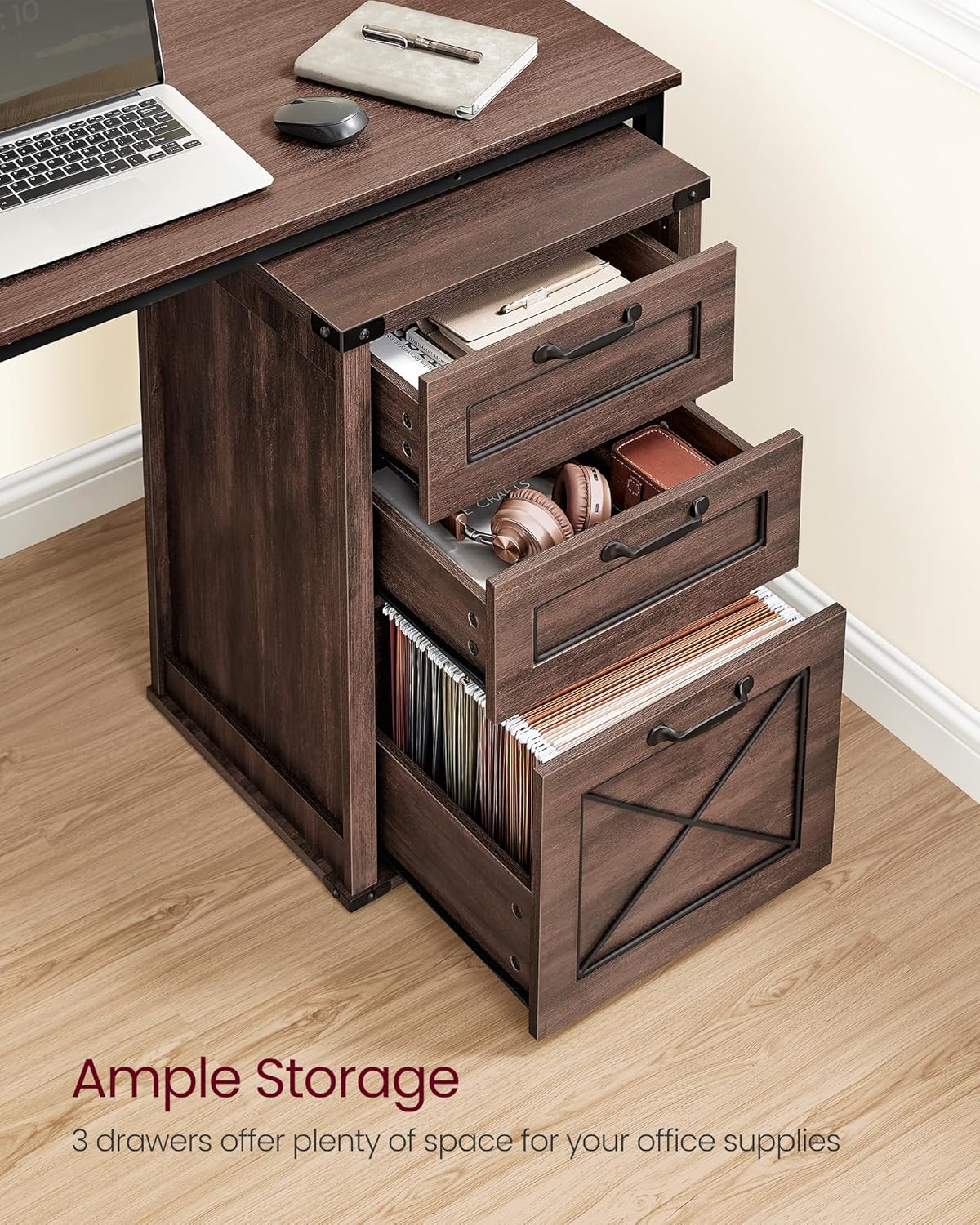 VASAGLE File Cabinet - Modern 3-Drawer Filing Cabinet for Home Office | Maroon Brown, Fits A4 & Letter Size