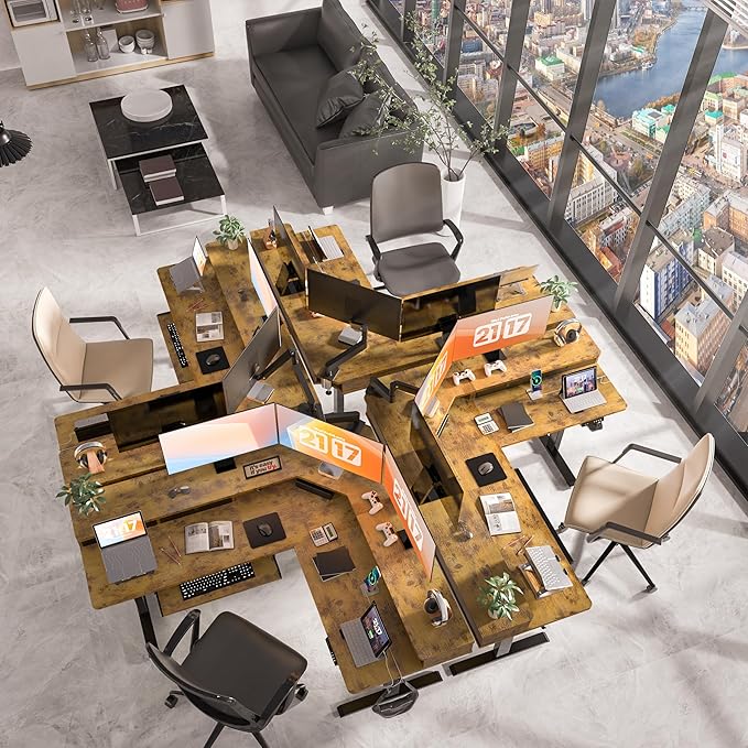 63 x 55 inch L Shaped Standing Desk with 4 Drawers & USB Charging Port, Electric Adjustable Height Corner Stand Up Desk with Keyboard Tray, Rustic Brown