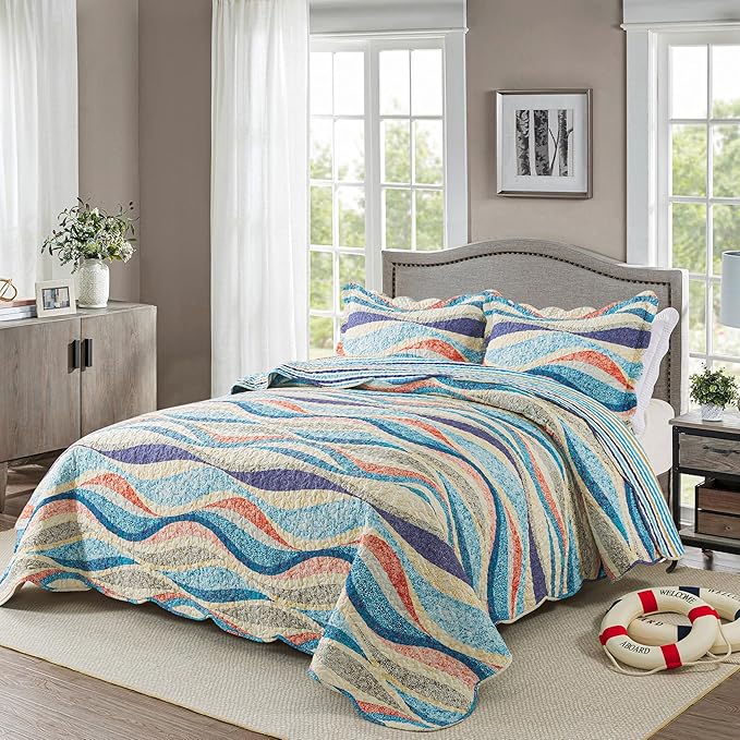 HoneiLife Coastal Quilt Sets Queen - 3 Pieces Beach Quilt Sets Ocean Bedspreads Lightweight Coverlets Nautical Bed Cover All Season Quilts