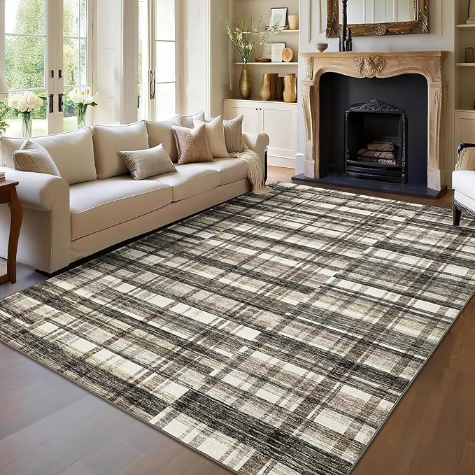 Modern Area Rug 8x10 Rug for Living Room Washable Rug Non Slip Geometric Plaid Throw Rugs Rustic Large Area Rug Low Pile Bedroom Rugs Stain Resistant Carpet for Classroom Office Beige 8'x10'