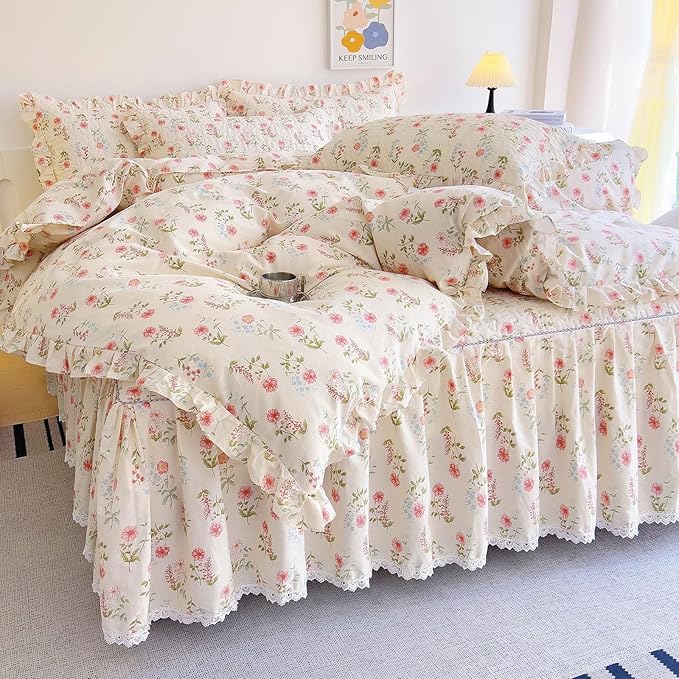EAVD French Garden Pink Flower Duvet Cover Twin with Ruffles Soft Cotton Shabby Chic Cute Flower Bedding Set for Girls Boys with 2 Pillowcases Aesthetic Botanical Duvet Cover with Zipper Closure