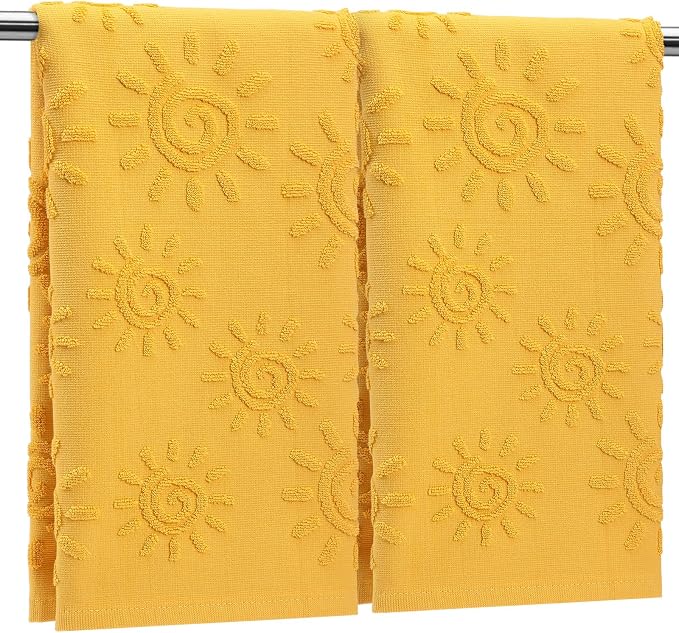 SmoothNovelty 2 Pcs Boho Hand Towels Orange Yellow Towels for Bathroom Sunshine Cotton Absorbent Jacquard Weave 3D Sun Kitchen Decor for Gift Christmas Drying Cleaning Cooking(Yellow)