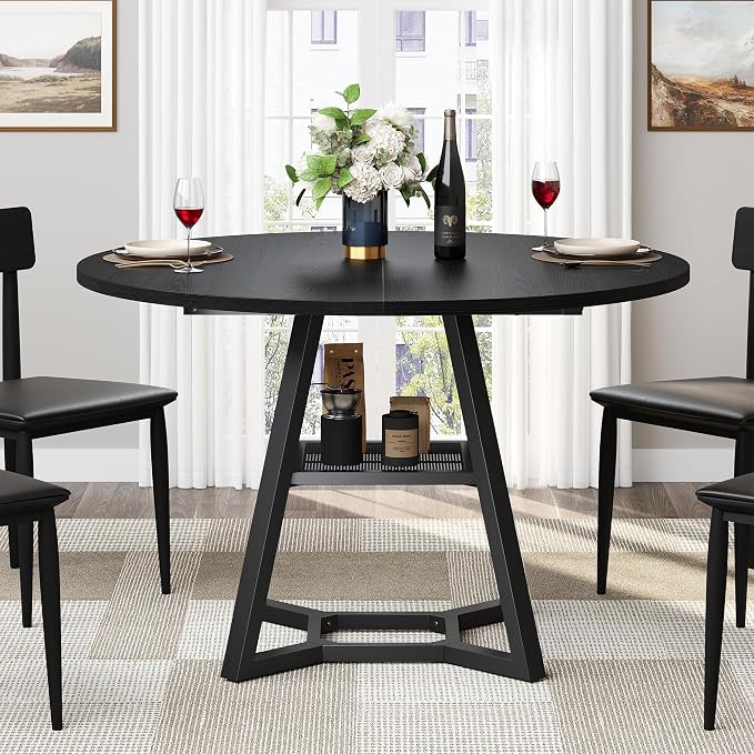 knoworld 47" Round Dining Table for 4, Kitchen Tables Dining Room Circle Dinner Table with Pedestal Metal Frame, Space Saving Wood Industrial Kitchen & Dining Room Tables, Black 47In