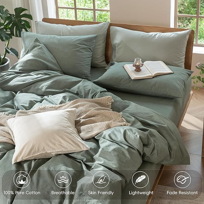 MooMee Bedding Duvet Cover Set 100% Washed Cotton Linen Like Textured Breathable Durable Soft Comfy (Heathered Green, Super Queen 90"x98")