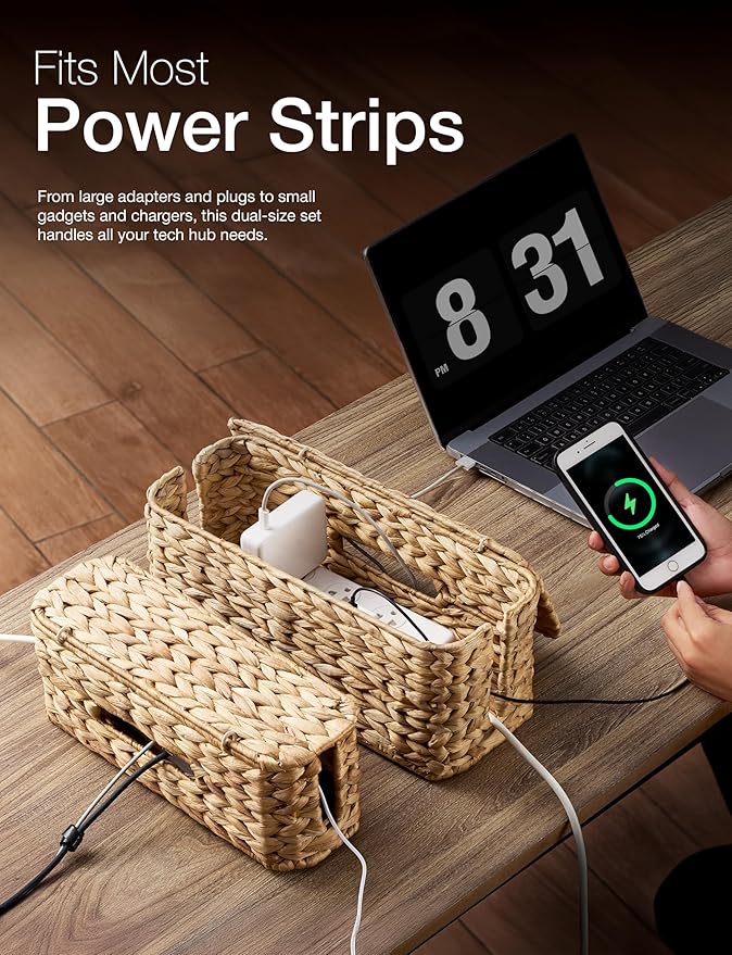 TIDITA Set of 2 Wicker Large Cable Management Box - Cord Box Hider for Home, Office - Water Hyacinth Cable Hider Box, Surge Protector Box for TV Wires, Computer - Power Strip Box - 3 Slots, Secure Lid