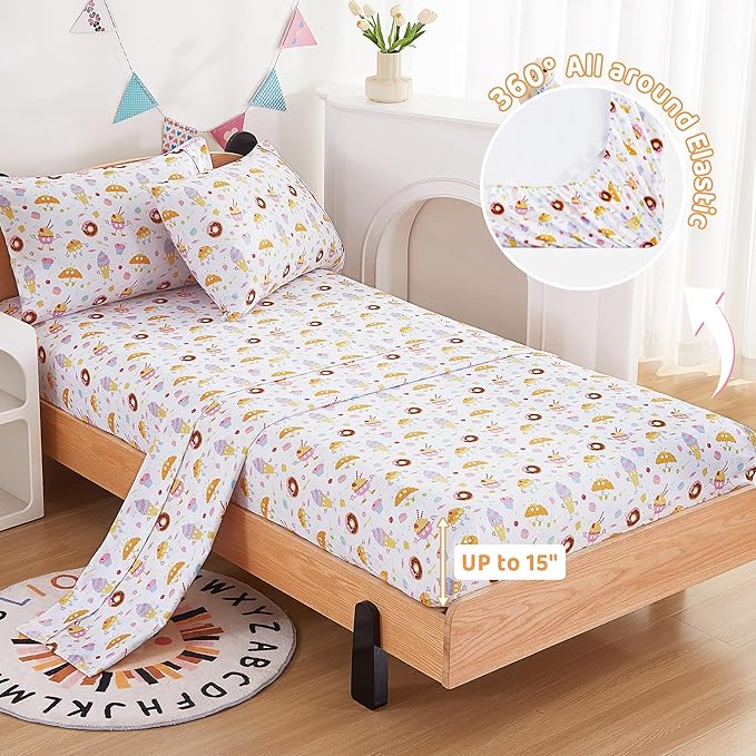 Viviland 3 Pieces Girls Cake Dessert Twin Sheet Set - Soft Microfiber Fitted Flat Sheets & Pillowcase - Kids Cute Ice Cream Donuts Print Bedding Sets - for Kids & Toddlers