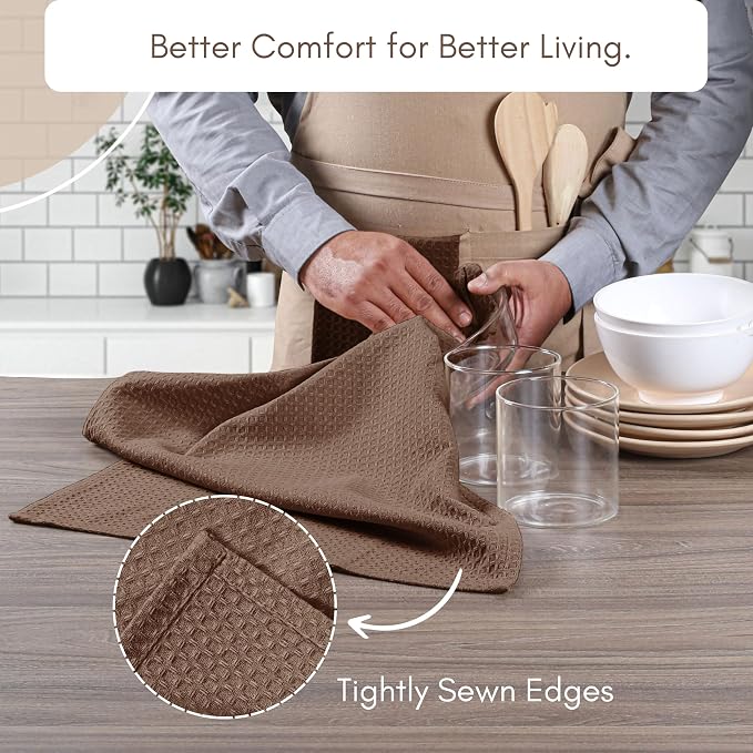 TWINY threads Dish Towel Waffle Texture, Pack of 4, 16x26 Inches, Large 100% Cotton Kitchen Linen Set, Absorbent Cloths for Drying Dishes and Cookware, Quick Drying, Machine Washable, Brown