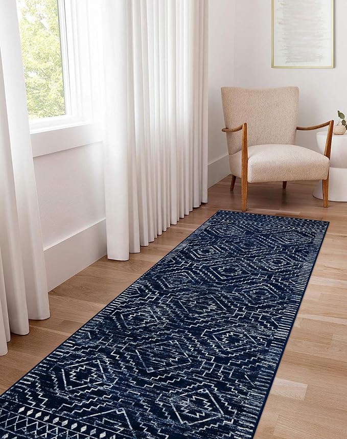 Wonnitar Moroccan Hallway Runner Rugs, 2'6"x10' Washable Non-Skid Blue Runner Rugs for Kitchen, Boho Non-Shedding Soft Long Runner Geometric Low Pile Carpet for Entryway Bathroom (Blue,2'6"x10')