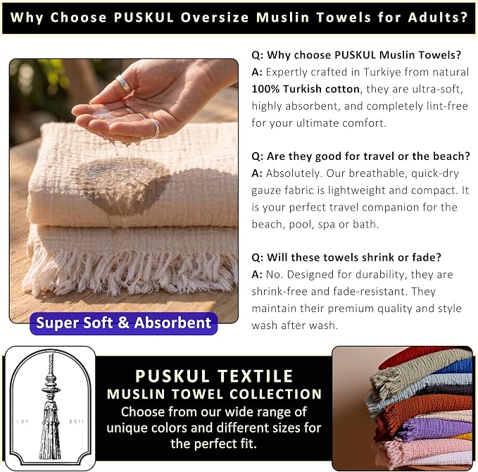 PÜSKÜL - Premium 2-Piece Oversized Muslin Bath Towel for Adult 35x70 Extra Large Bath Sheets | Natural 100% Turkish Cotton Soft Absorbent Quick-Dry Light Spa & Beach Towels (Pack of 2, Ice Blue)