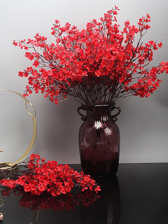 JAKY-Global 10pcs Babys Breath Artificial Flowers with Vase Gypsophila Bouquet Bulk Fake Spring Silk Flowers Real Touch Faux Floral for Home Bedroom Kitchen Garden Wedding Christmas DIY Decor (Red)