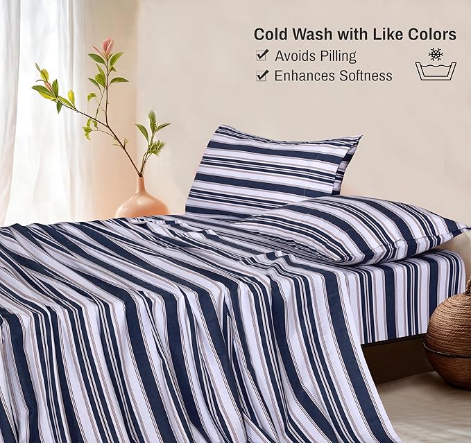 RUVANTI Flannel Sheets Full Size - 100% Cotton Double Brushed Bed Sheets Set, Deep Pockets 16 Inches, All Seasons Breathable & Extra Soft Full Sheets, Warm & Cozy, 4 Piece, Maritime Stripe