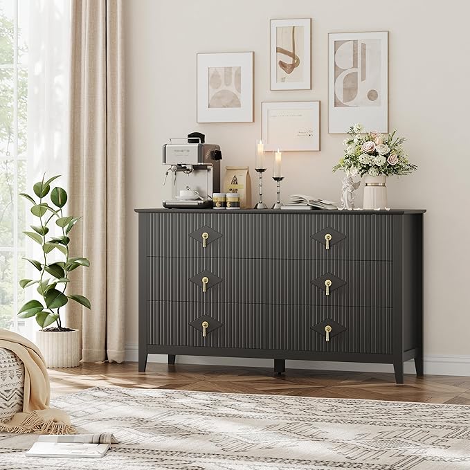 GarveeHome Fluted Dresser for Bedroom, 54 Inch Wide 6-Drawer Wood Dresser, Modern Chest of Drawers, Storage Organizer Cabinet for Living Room, Hallway, Entryway, Black