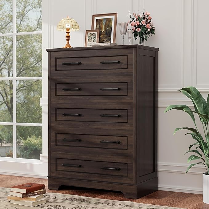 YESHOMY Tall Dresser for Bedroom, Farmhouse 5 Drawers Dresser, Chest of Drawer Chest, Multi-Tier Clothing Storage Cabinet, Brown