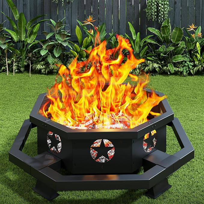 ZIENLIFE 45 Inch Fire Pit for Outside Wood Burning, Outdoor Octagonal Fire Pit with Poker, Large Firepit for Camping, Backyard, Patio, Black