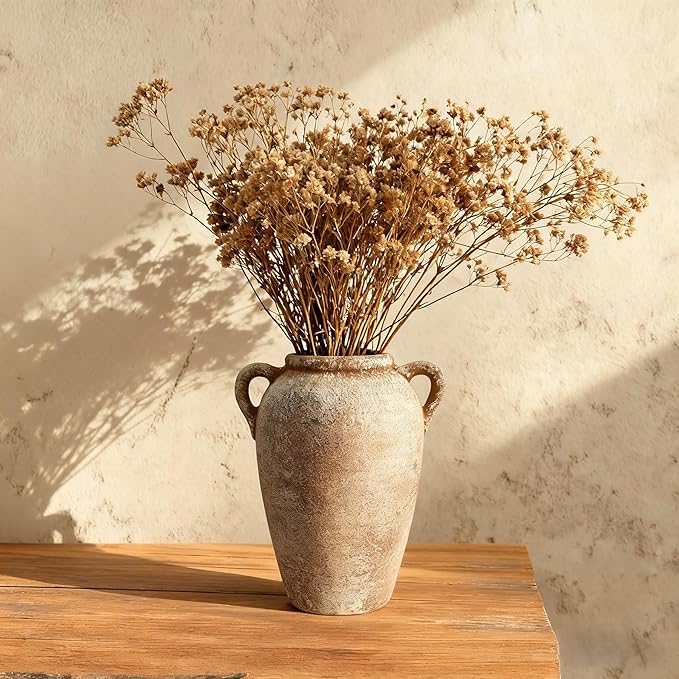 Ceramic Flower Vase with Handles Home Decor - 9 Inch Farmhouse Rustic Table Vases Living Room Decoration Decorative Vintage Pottery for Kitchen Shelf Dining Bookshelf Fireplace Centerpiece (Rustic-9")