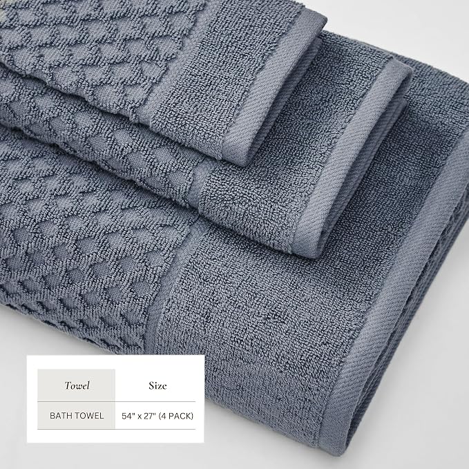 Great Bay Home Bath Towels - 100% Cotton 4 Pack 54x27 Bath Towel Set - Absorbent, Durable, Quick-Dry Towels for Bathroom (Blue)