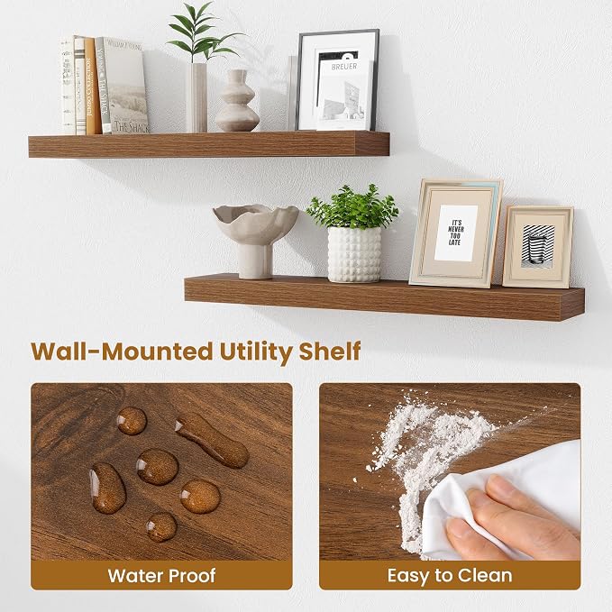 Fun Memories Bathroom Shelves 32 Inch Long Set of 2, Floating Shelves for Wall with Invisible Brackets, for Bedroom, Living Room, Kitchen, Walnut