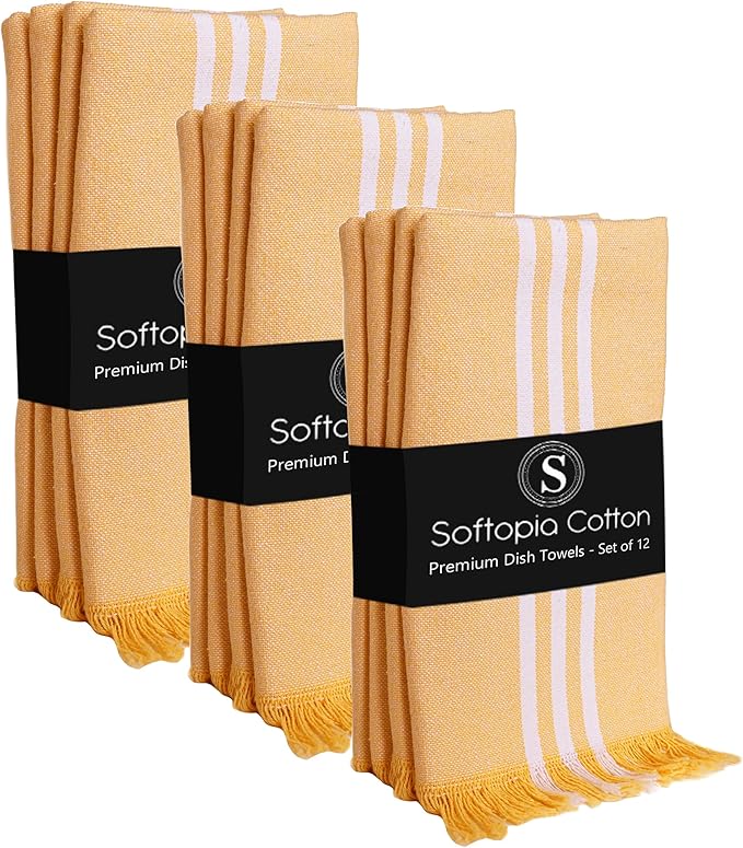 Stripe Kitchen Towels 12 Pack, 16x26 Inches, Dish Cloths for Drying, Wiping, Absorbent Tea Towels, Washable Rags, Reusable Cleaning Cloths for Everyday Kitchen Tasks - Mustard Yellow