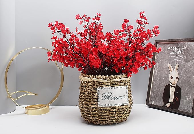 JAKY-Global 10pcs Babys Breath Artificial Flowers with Vase Gypsophila Bouquet Bulk Fake Spring Silk Flowers Real Touch Faux Floral for Home Bedroom Kitchen Garden Wedding Christmas DIY Decor (Red)