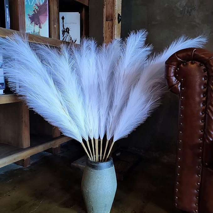 Premium Faux Pampas Grass Decor Tall & Fluffy, No Assembly Needed Long Pampas, Luxury Large Floral, Elegant Feather Flowers for Wedding Decorations(Faux White, 8pcs 43.3"(110cm))