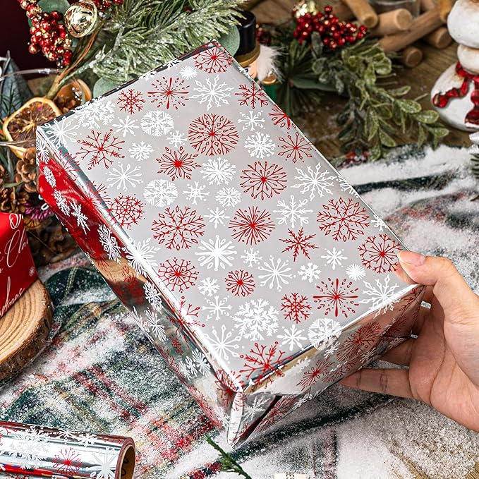MAYPLUSS Christmas Wrapping Paper Roll - 17IN X 33FT - Christmas Gift Wrapping Paper Featuring Red and White Snowflake Against Silver Reversible Merry for Kids, Holiday, New Year