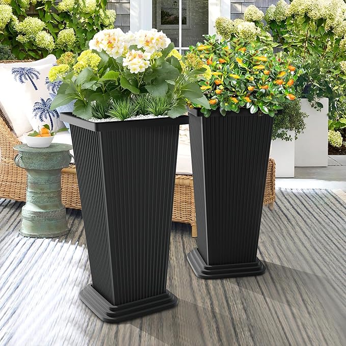 Set of 4 24" Tall Plastic Planters with Trays, Large Tapered Plant Pots for Indoor Outdoor Use, Modern Decorative Planters for Porch, Patio, Garden, and Backyard