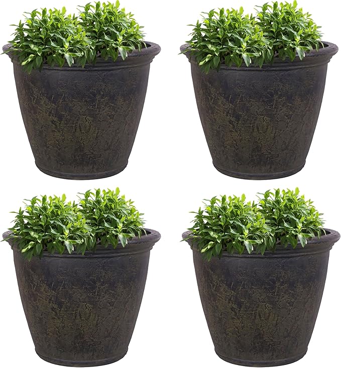 Sunnydaze 24-Inch Anjelica Large Plastic Pot for Plants - Double-Walled Outdoor Polyresin Round Planter Porch Pot with Drillable Drainage Holes - Sable - 4pk