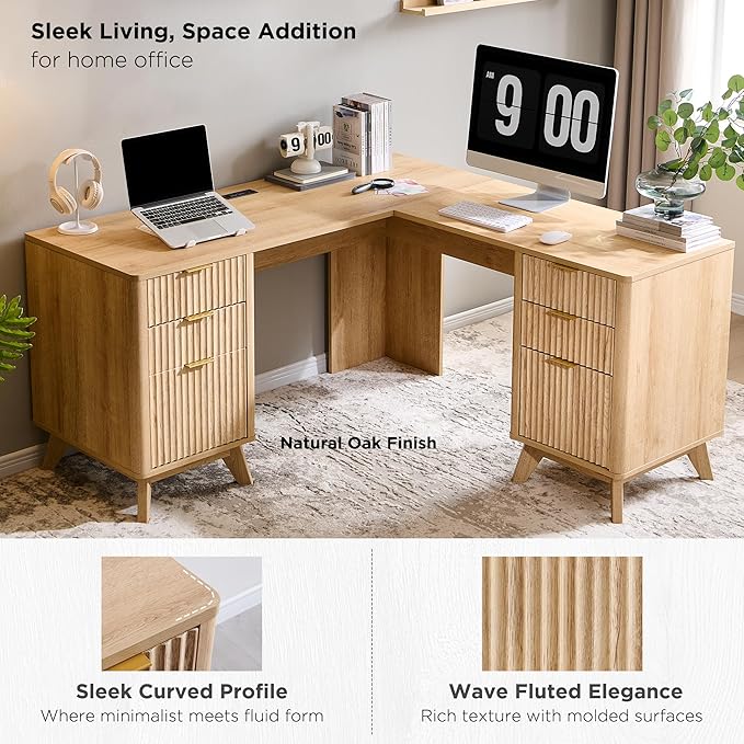 T4TREAM 60'' Fluted Executive L Shaped Desk, Modern Home Office Desk with Charging Station and File Drawer, Computer Corner Desks with Drawers & Storage Cabinet for Office Home, Bedroom, Natural Oak