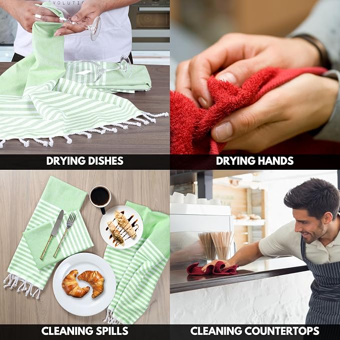 Turkish Kitchen Towels 18x26 Inches with Tassels - 4 Pack - Absorbent, Durable, Soft 100% Cotton Dish Towels for Drying & Cleaning - Machine Washable, Quick Dry - Apple Green